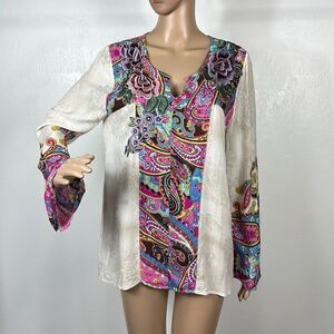 Cyrena Anthropologie Boho Paisley Floral Appliqué Tunic Top Size M